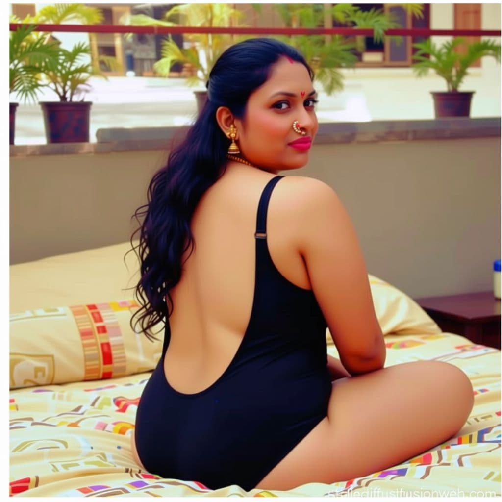 AI generated: hot glamour young indian aunty wearing only blouse without saree Only black bra seating the bed and ...