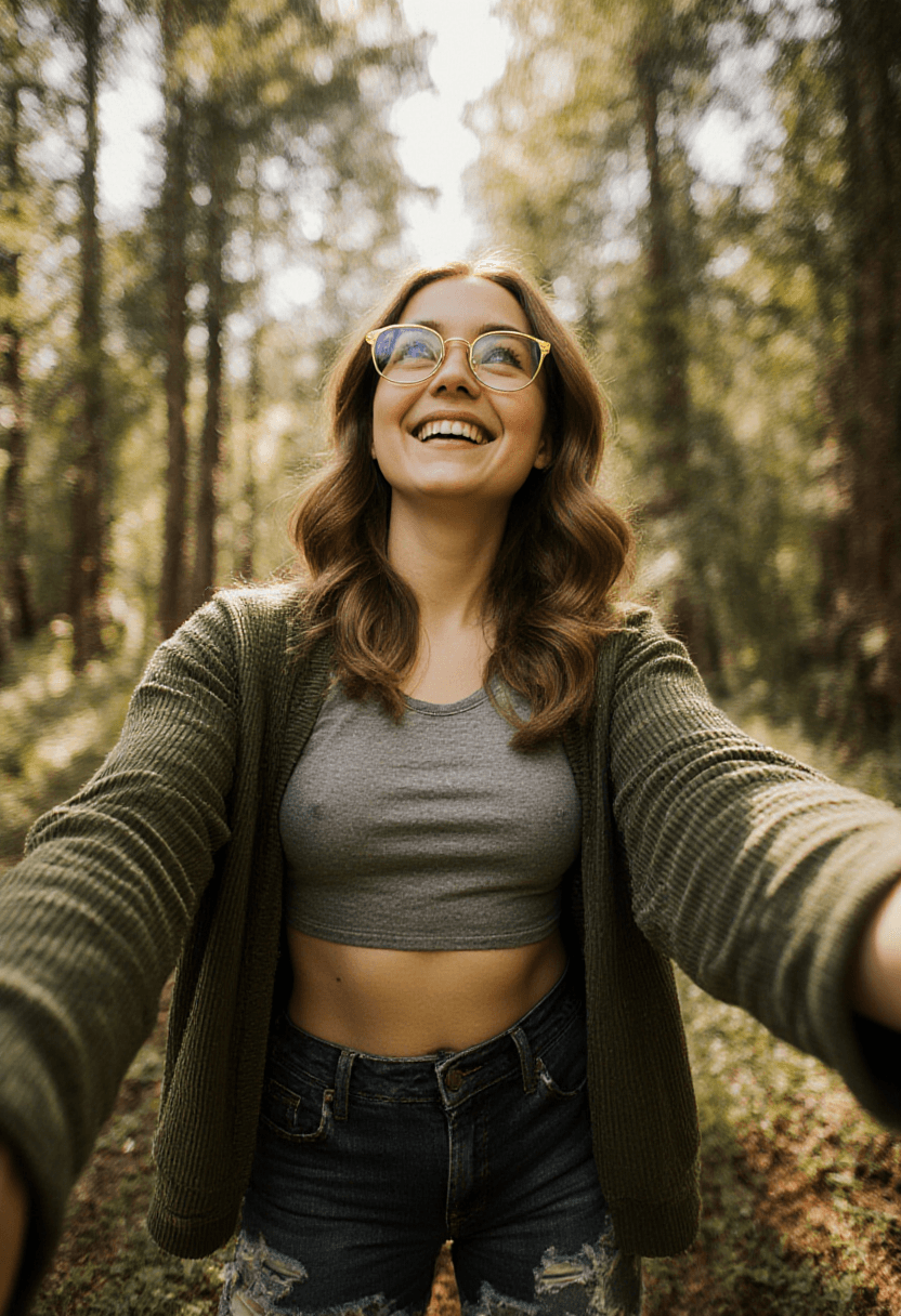 AI generated: A photorealistic, cinematic portrait of a woman standing in a sun-dappled forest, captured in a natu...