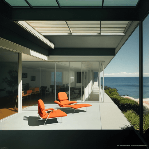 AI generated: Hyper realistic eye level exterior photo of a mid century modern style house overlooking the ocean, ...