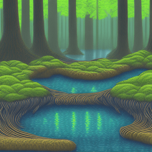 AI generated: a computer,river of 1 and 0's,forest of cords,