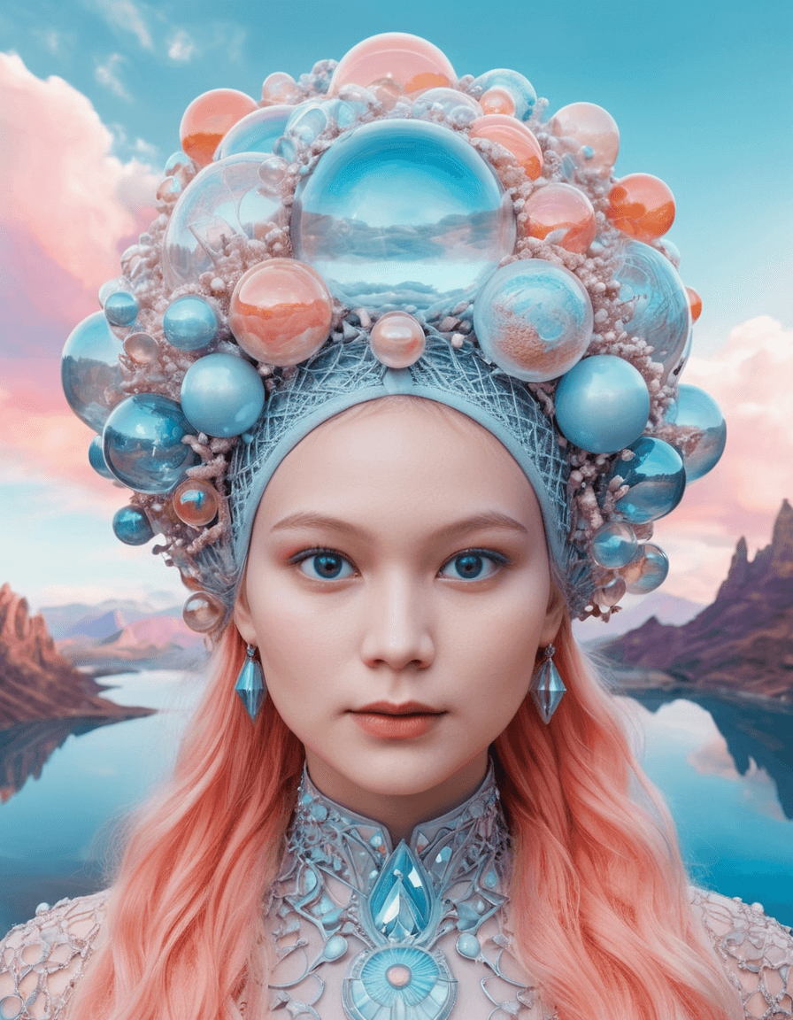 AI generated: A surreal portrait of a futuristic, ethereal woman with iridescent spheres embedded in her flowing, ...