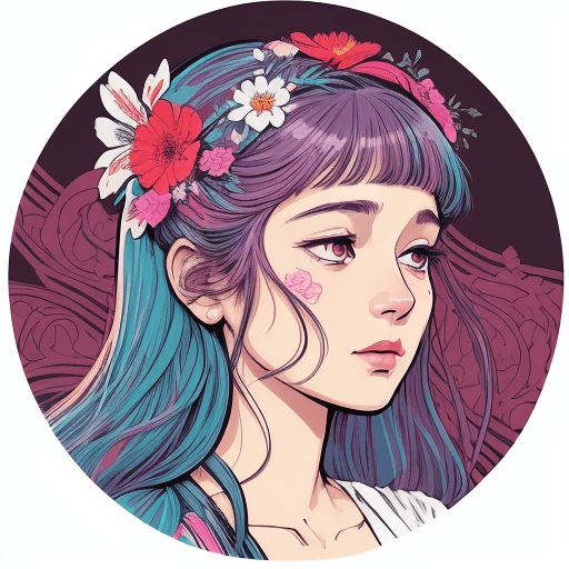 AI generated: a woman with flowers in her hair, in the style of poster art, dark white and light magenta, highly d...
