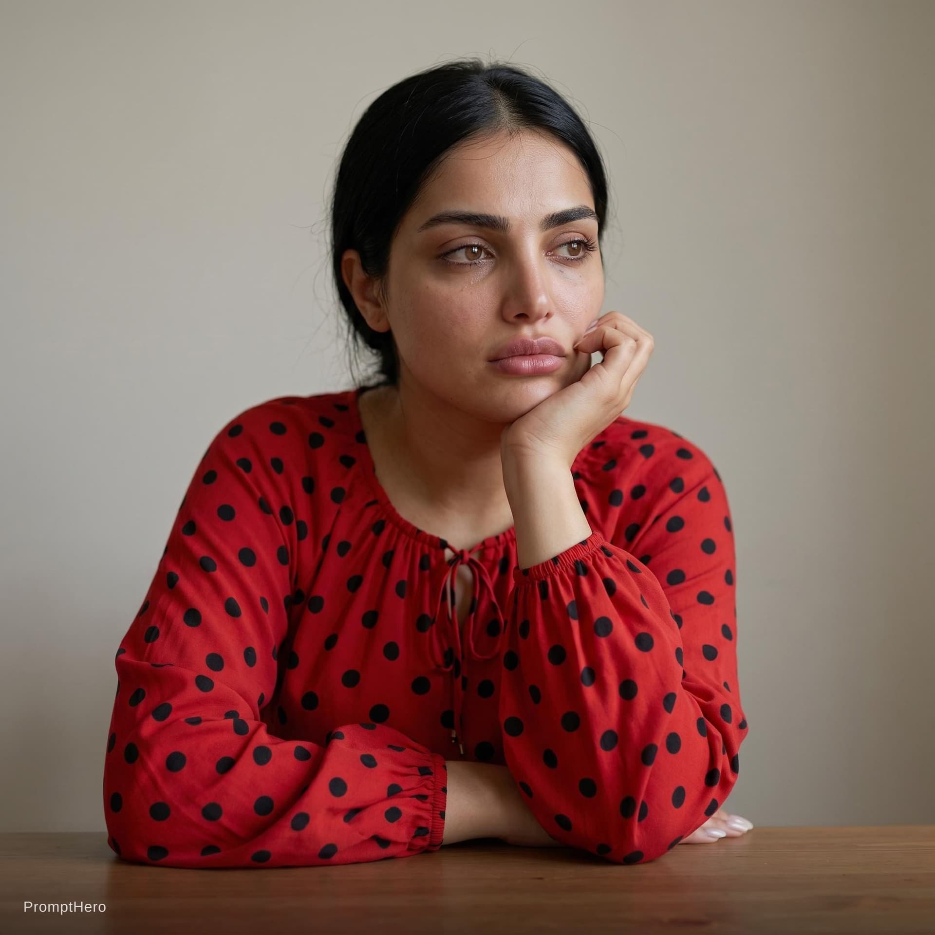 AI generated: Ultra-realistic 8K close-up portrait of a beautiful Iraqi woman with a medium build, sitting indoors...