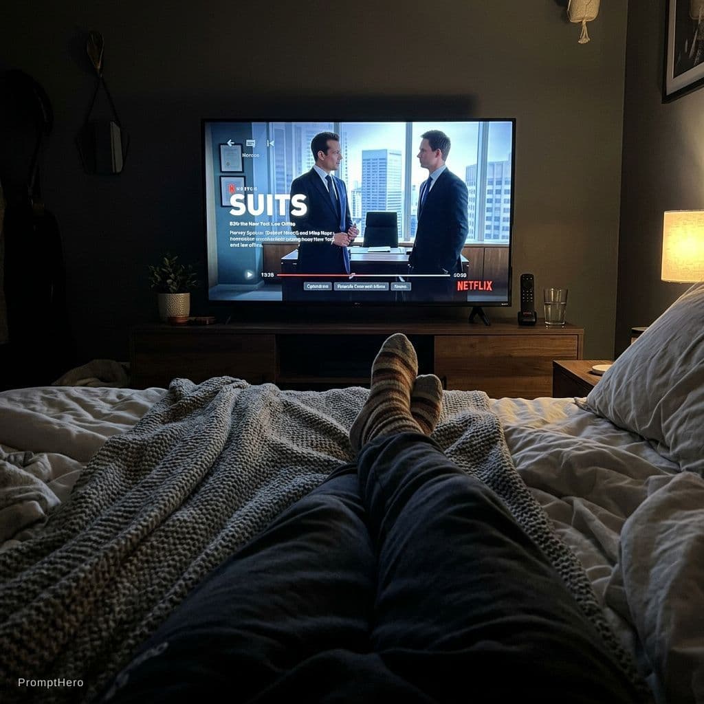 AI generated: faz uma foto que apareça apenas uma parte da cama a ver netflix numa televisão a ver a serie suits c...