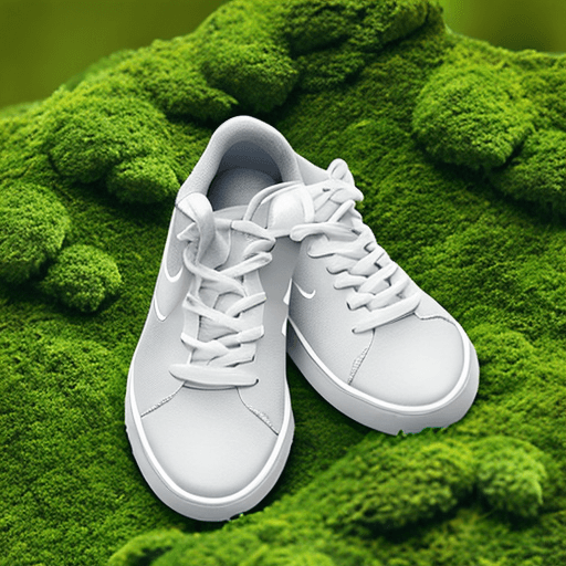 AI generated: nike sneakers made from green leaves and moss, small white flowers growing from moss, white backgrou...
