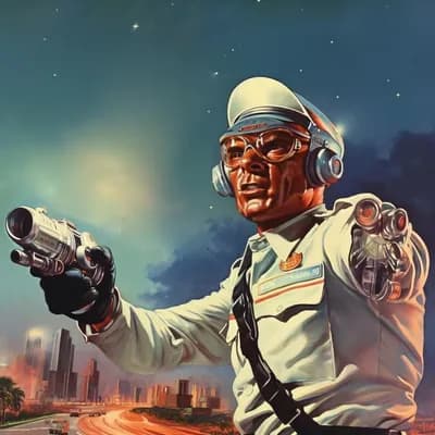 AI generated video: A one-armed android aims his weapon at advancing enemies, his mechanical facial features twisted in ...