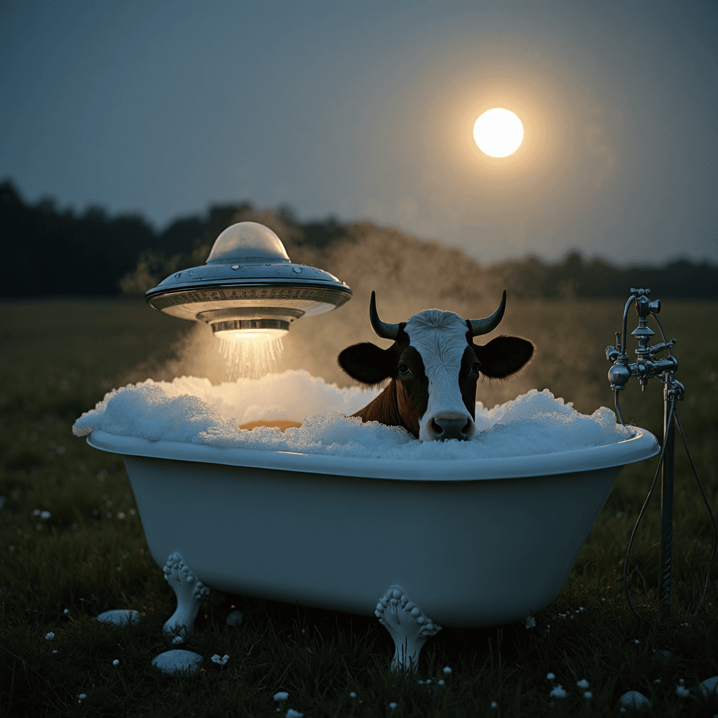 AI generated: Under the pale glow of the moon, a regular bathtub sits in an open field, quietly illuminated by the...