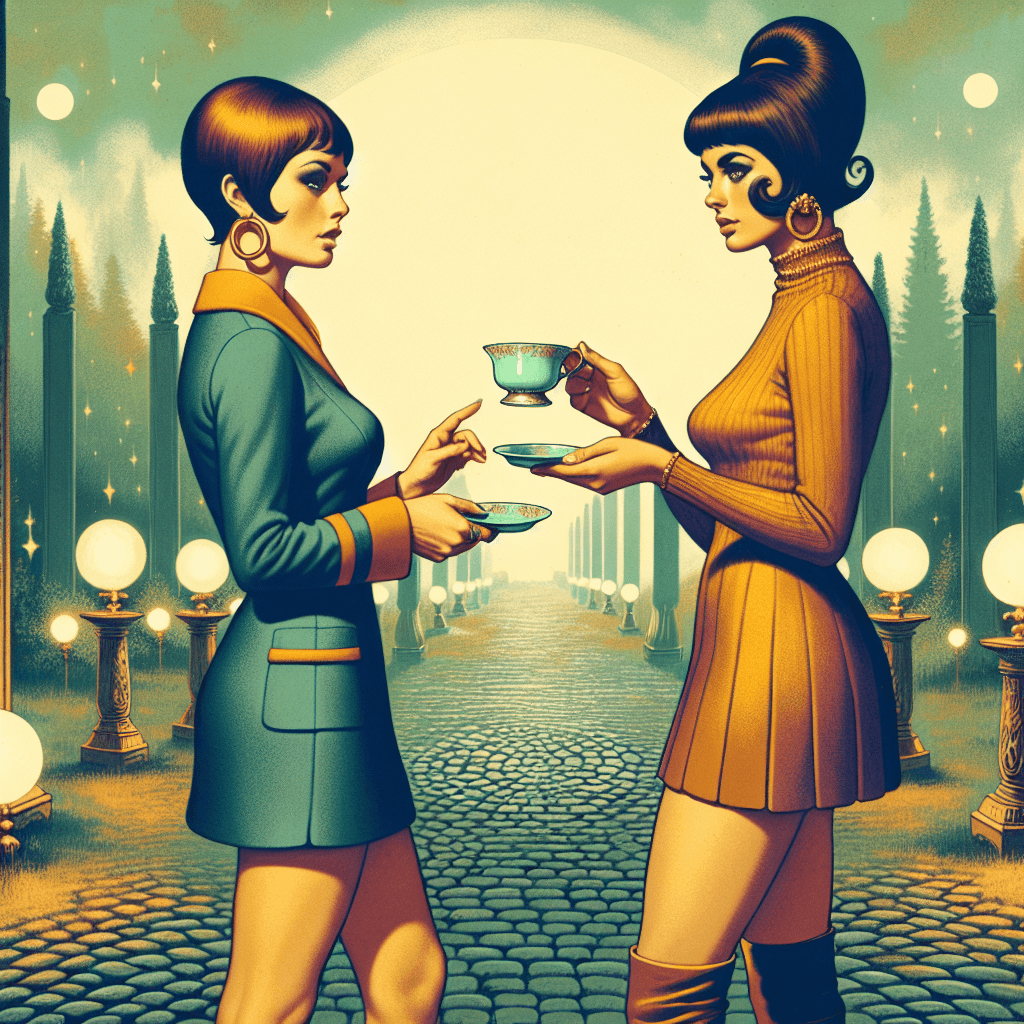 AI generated: 1960's fashion portrait, two women hold a tea cup
