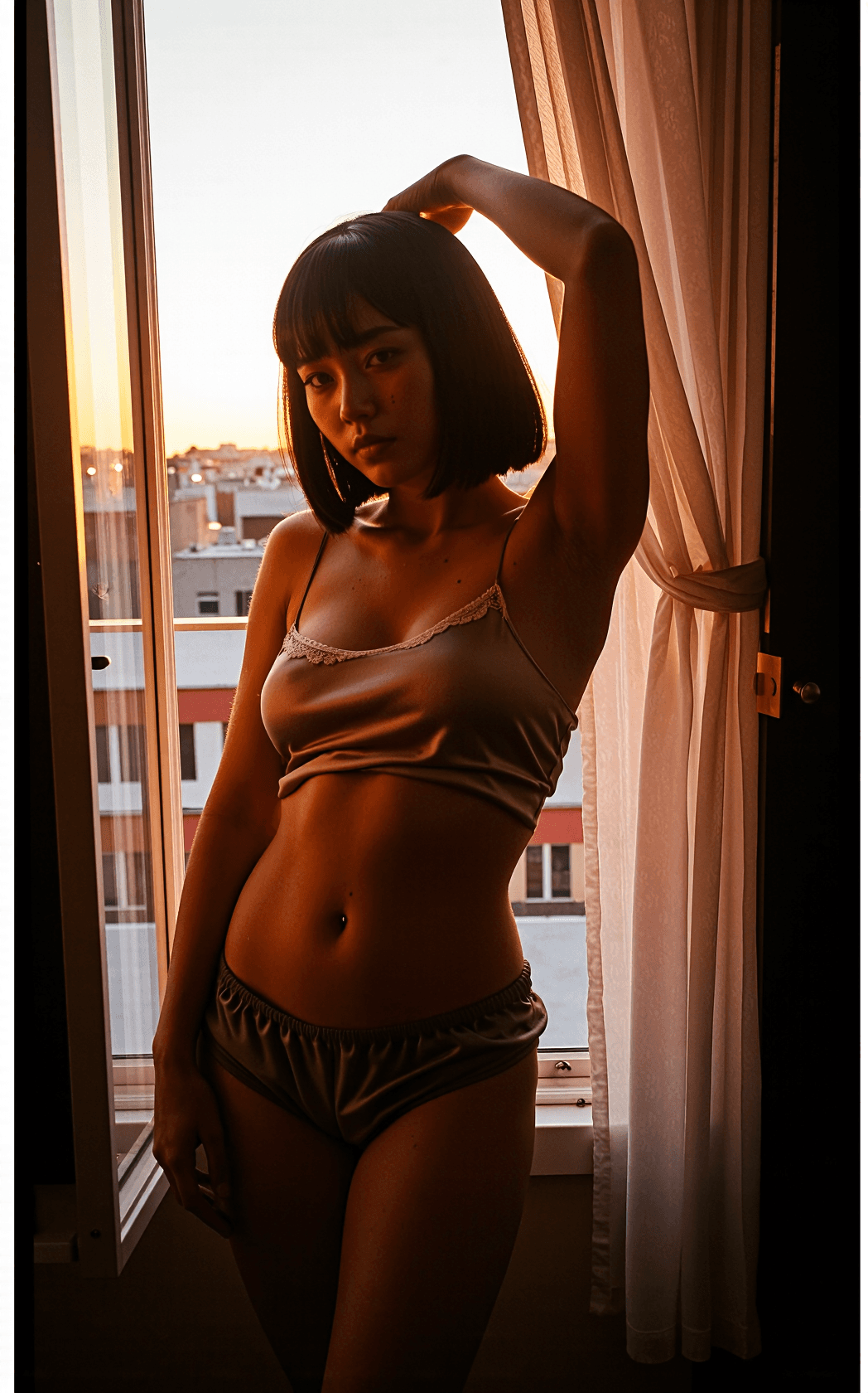 AI generated: Shot on softly grained analog film in a modest apartment, a petite young female with a sharp chin-le...