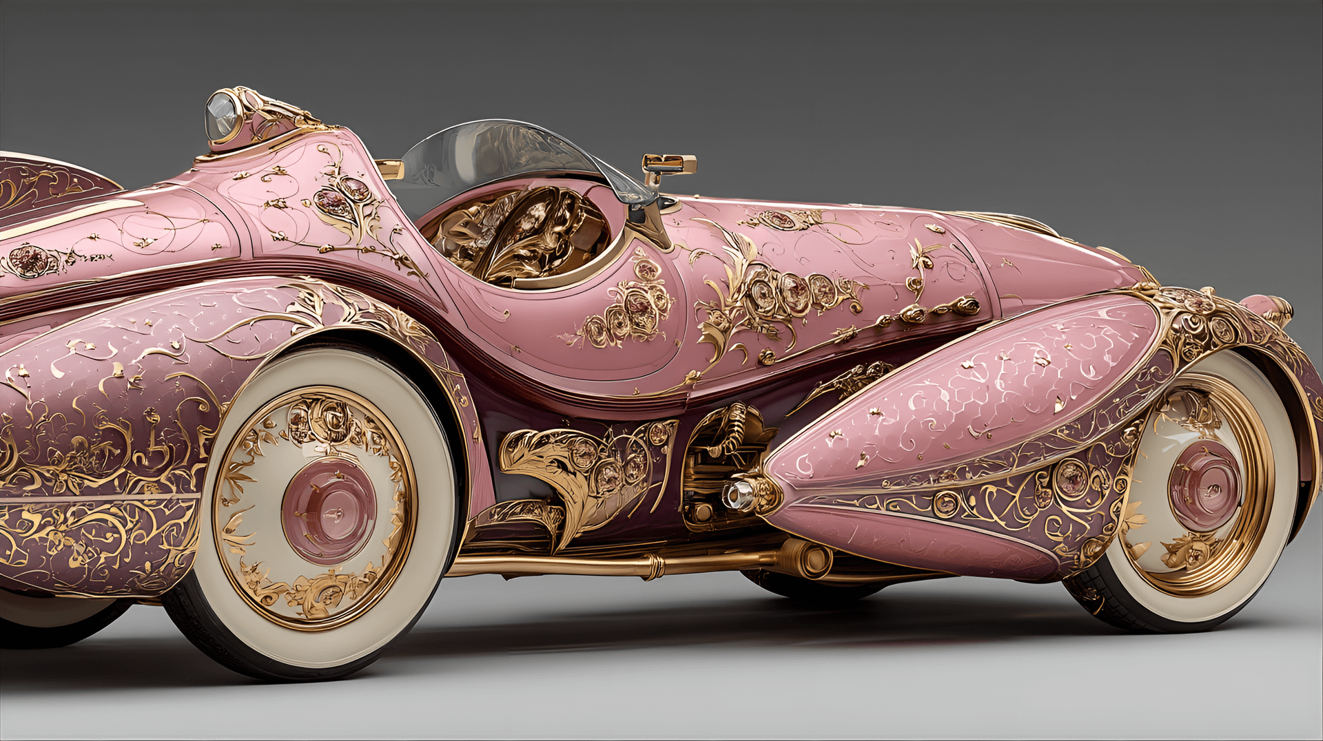 AI generated: pink and gold custom car,  exquisitely detailed,  ornate,  sculptural,  vintage,  futuristic,  luxur...