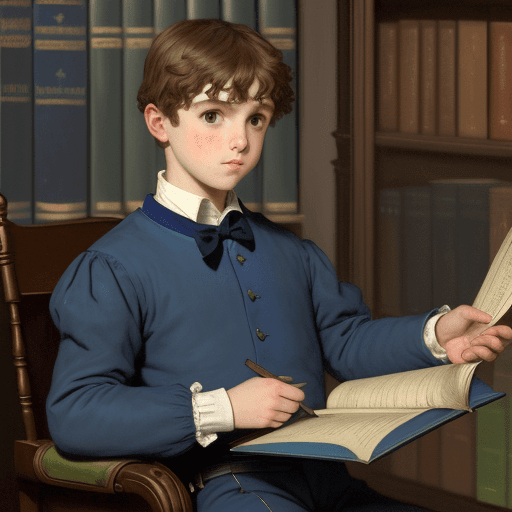 AI generated: A boy's hand picking up a blue book from a bookshelf Millais, John Everett, portrait, realism, scene