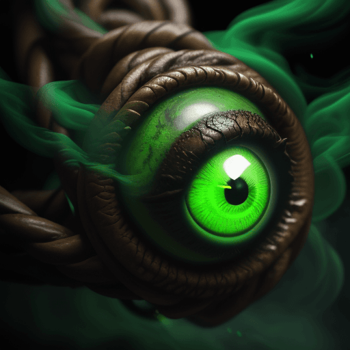 AI generated: Eyeball, glowing green, close up, center shot, leather braided necklace, eyeball glowing a green smo...