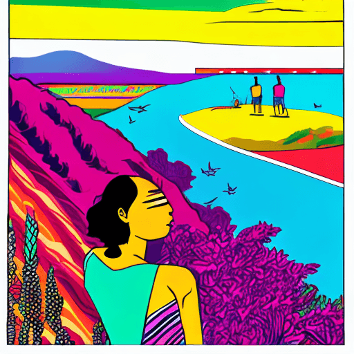 AI generated: vibrant scenes, person looking at the horizon on the mid-left side of the image, major color should ...