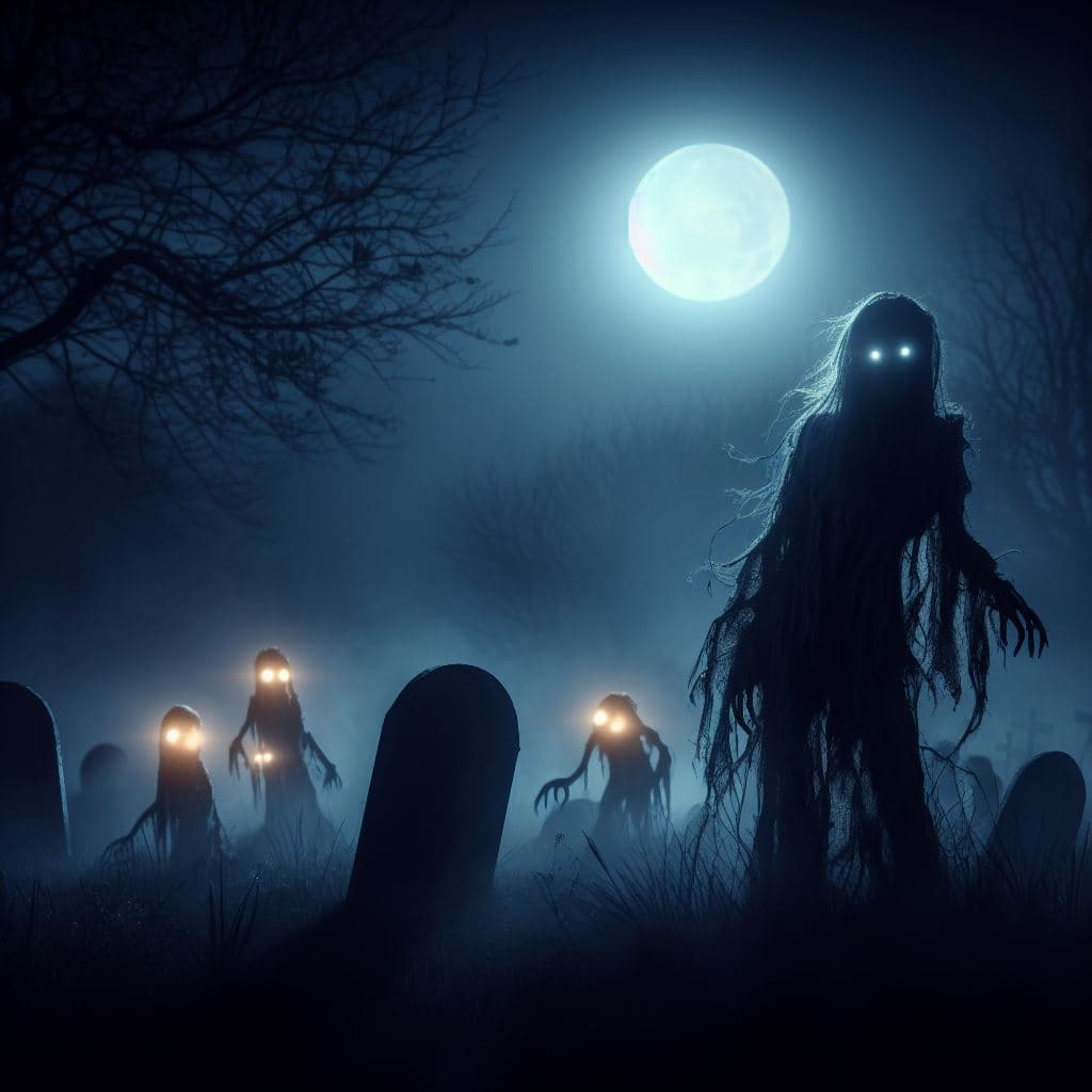 AI generated: it is a foggy night,the full moon is shining,an ancient cemetery in the creepy forest,a ghost that l...
