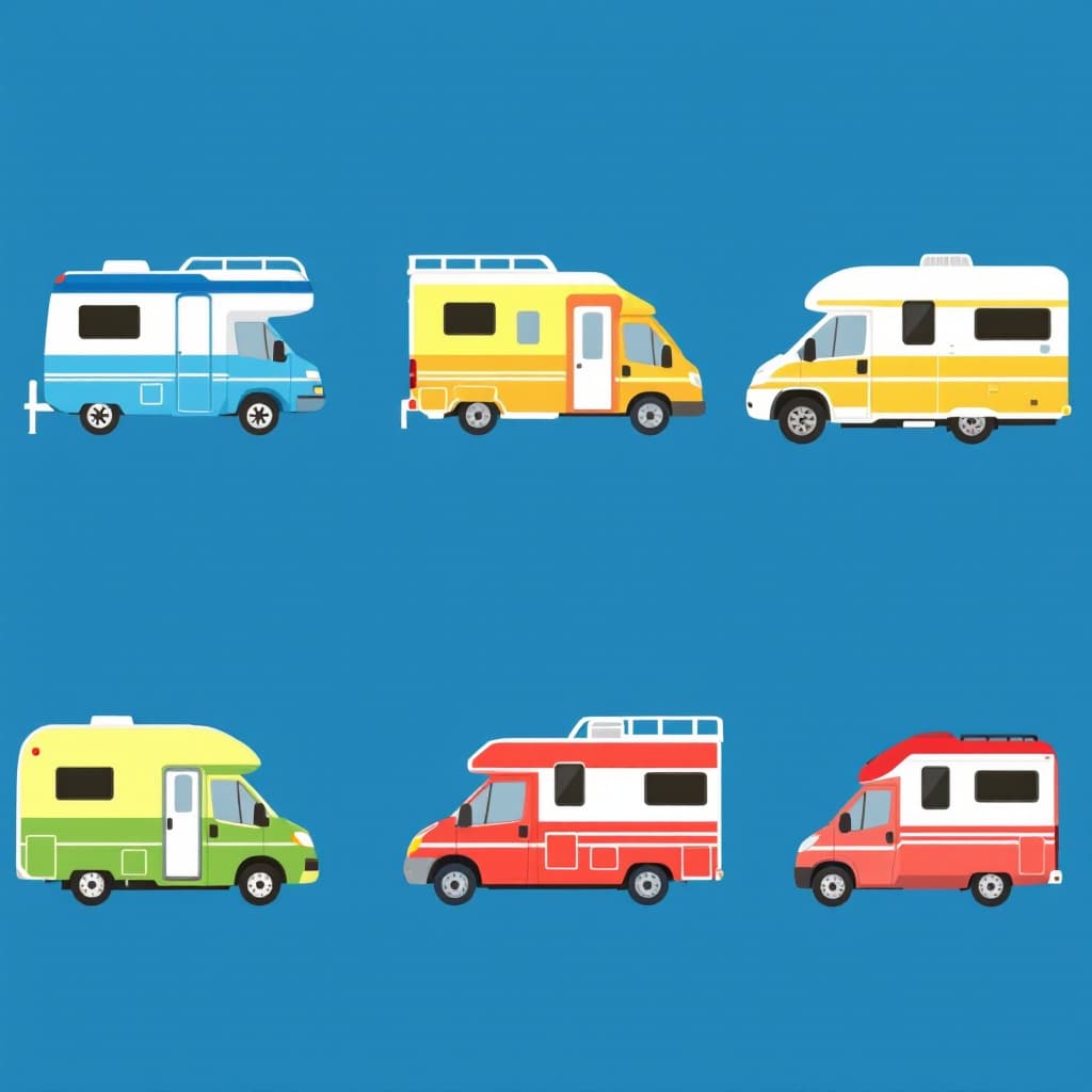 AI generated: six  motorhome diagonally, in the colors blue, green, yellow, red, orange, white, without background...