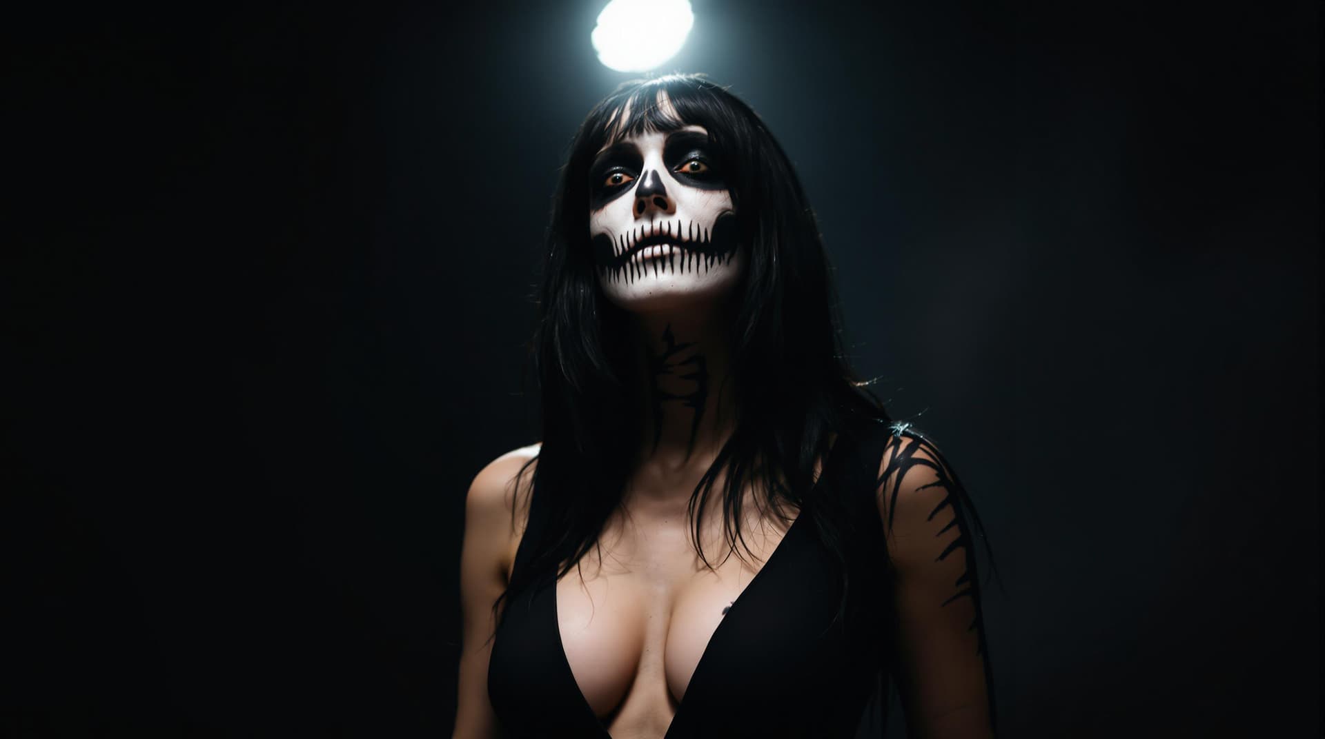 AI generated: The image depicts a decaying woman with long black hair, wearing a black dress with a plunging neckl...