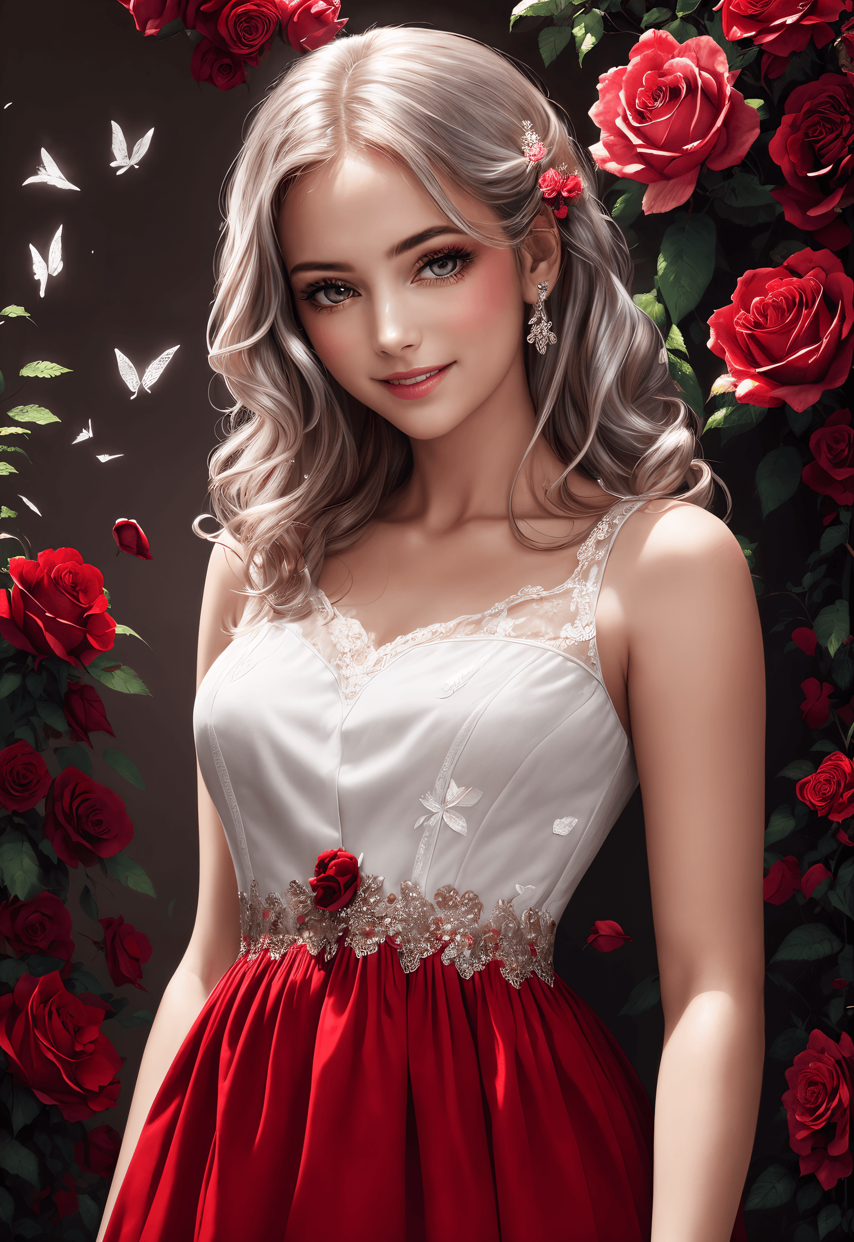 AI generated: Award winning Photo, Modelshoot Style, RAW, single girl, party dress, wavy silver hair, red eyes, fl...