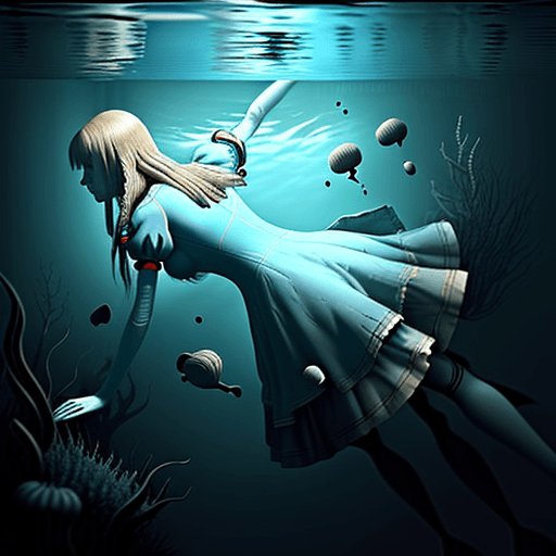 AI generated: alice sinking horizontally under water.
realistic, not creepy
looking towards the top
 arm pointing ...