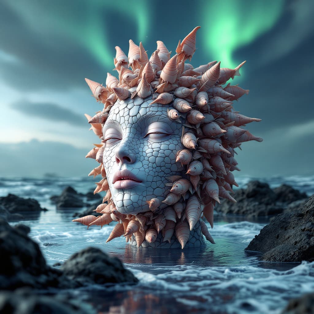 AI generated: Panopticon Hidden Horizons: Arctic Cyber Elves fishe congregation around a water and Tornado water a...