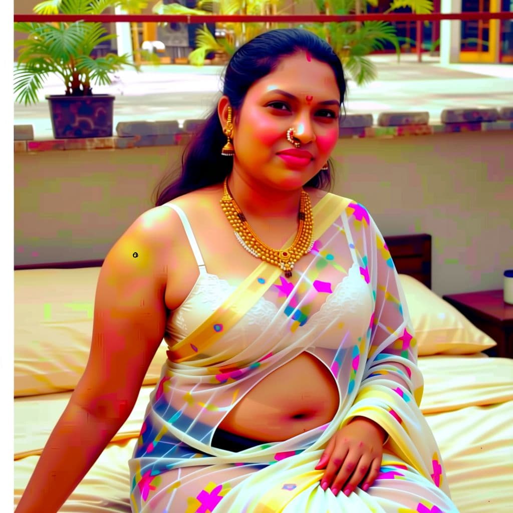AI generated: Desi aunty full body with transparent  saree
note : open navel ,drop saree ,only bra , big chest ,cu...