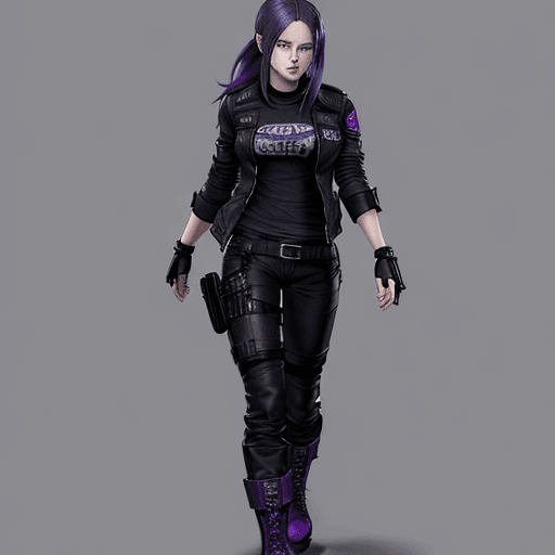 AI generated: Resident Evil 9 

Girl:
she has blue eyes, long purple hair, her clothes are a black t-shirt, a blac...