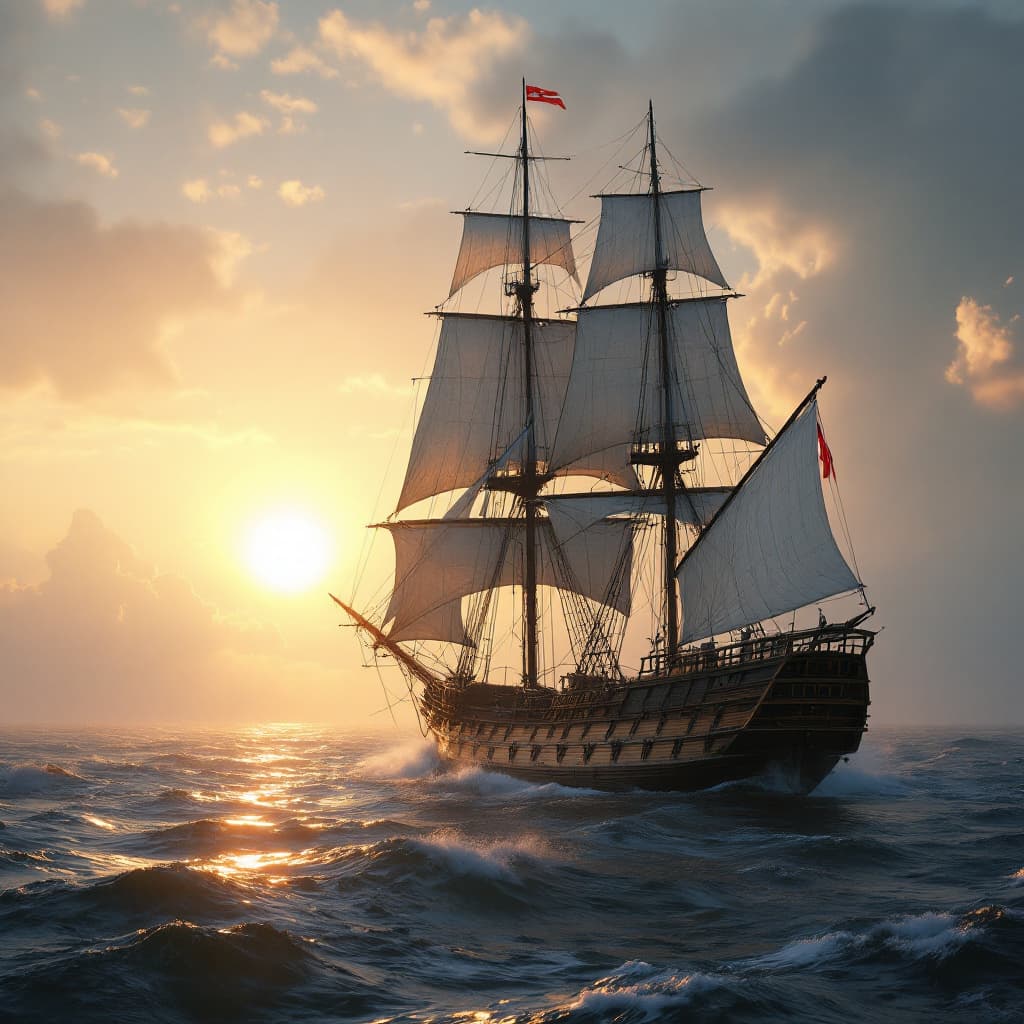 AI generated: Photo of a ultra realistic sailing ship, dramatic light, pale sunrise, cinematic lighting, battered,...