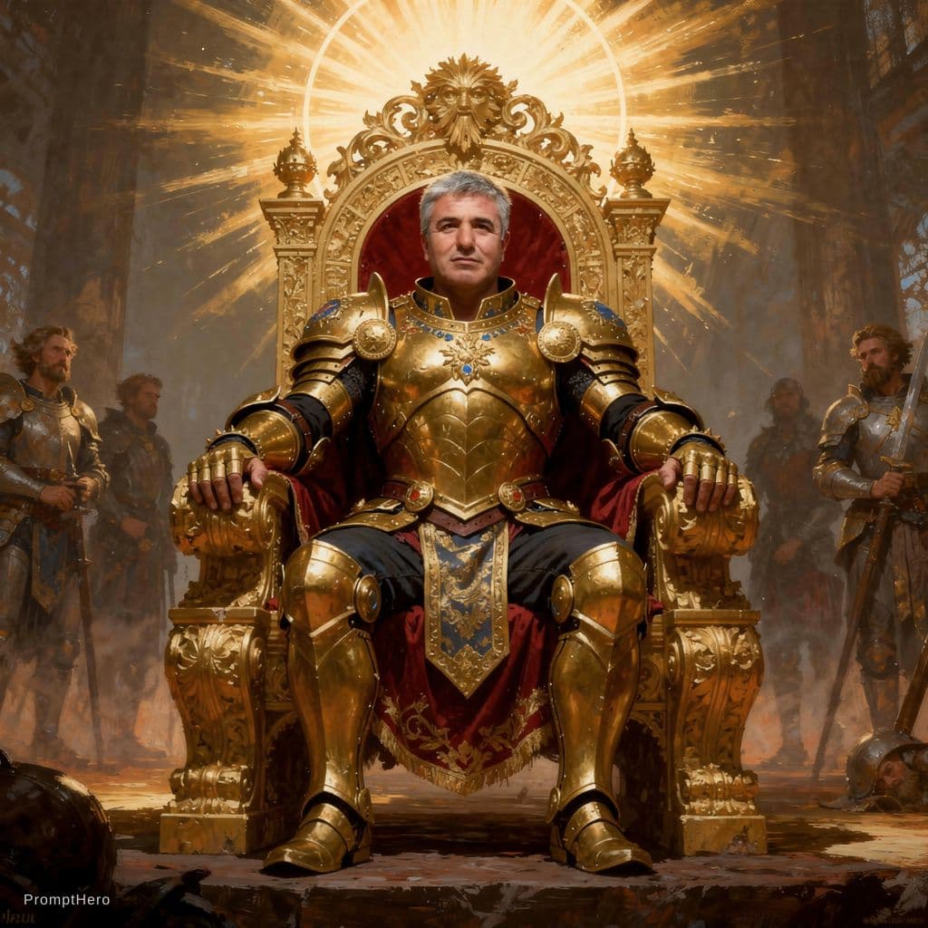 AI generated: The Sun King, sitting on his throne with the sun behind him, fit, abs, in the style of Frank Frazett...