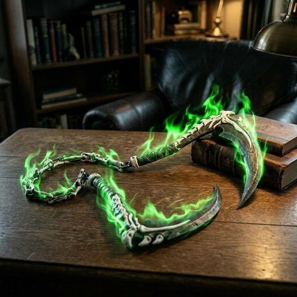 AI generated: create a dule small scythe chain weapon with green fire and white bone accents inspired by the demon...