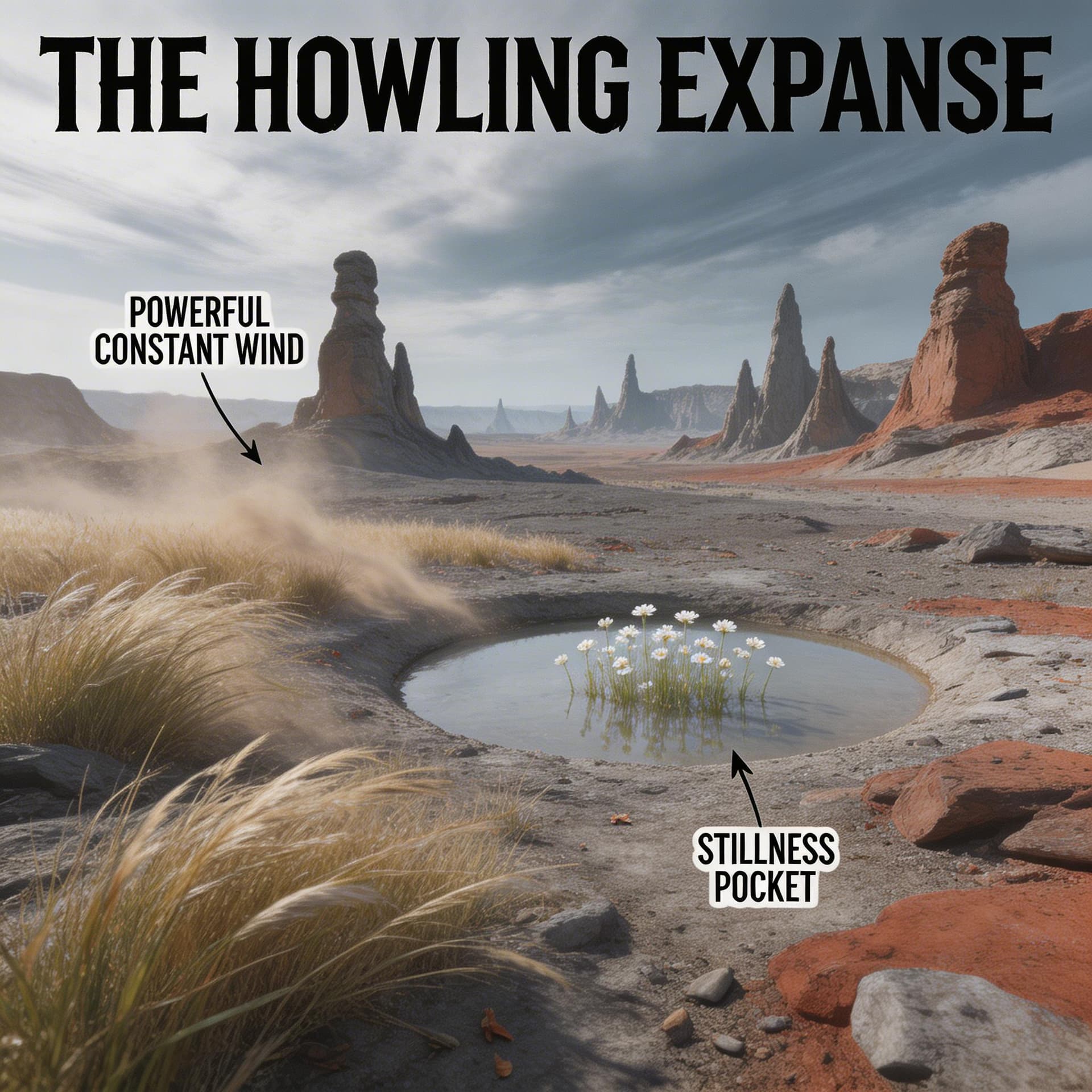AI generated: Create a unique environment/Biome of a Wind → The Howling Expanse (constant powerful winds and pocke...
