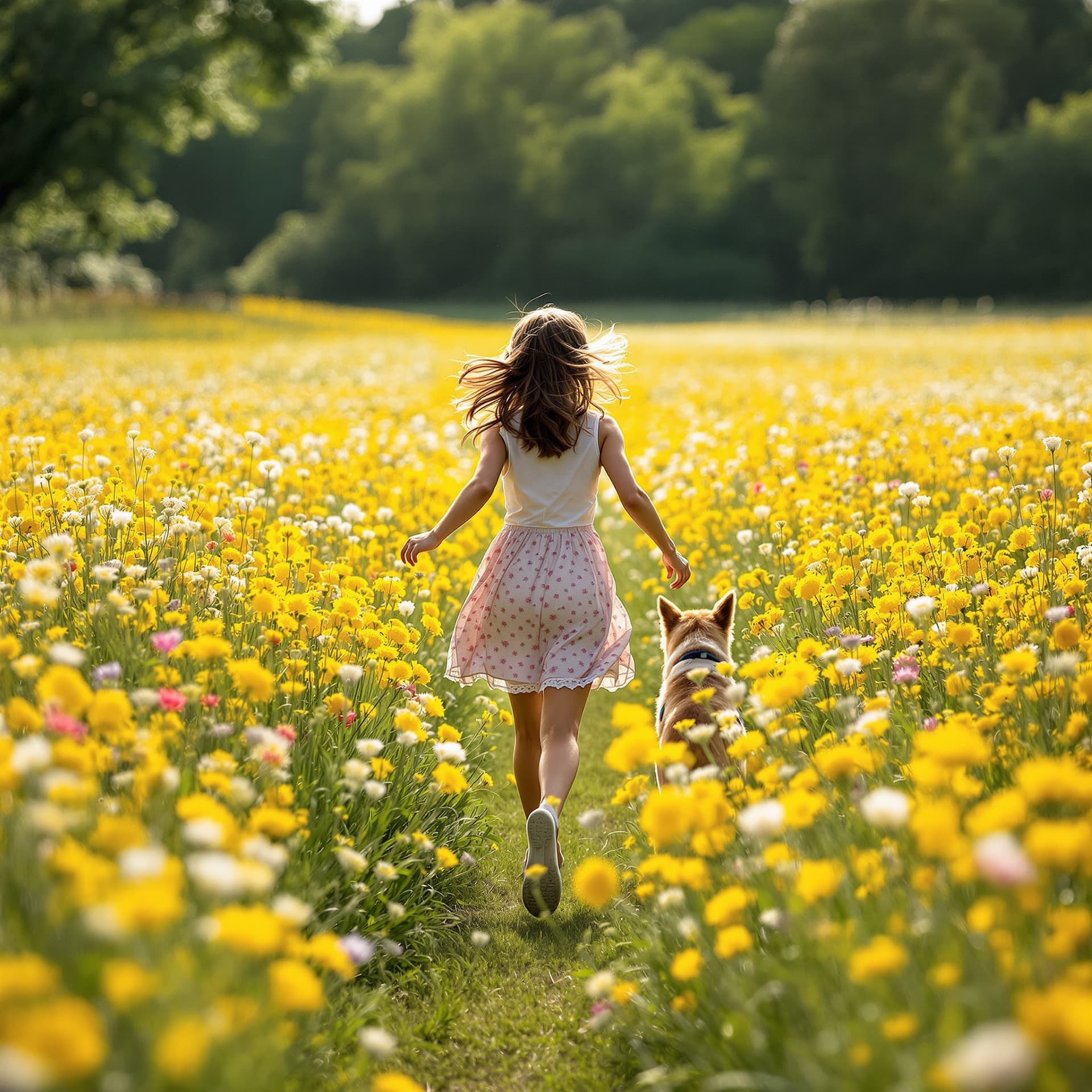 AI generated: a field of flowers and a beautiful girl is running in it while her dog trails behind her