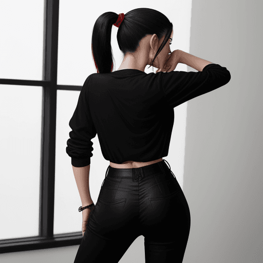 AI generated: The image depicts a stylishly dressed woman in a black shirt and red pants, standing in a room with ...