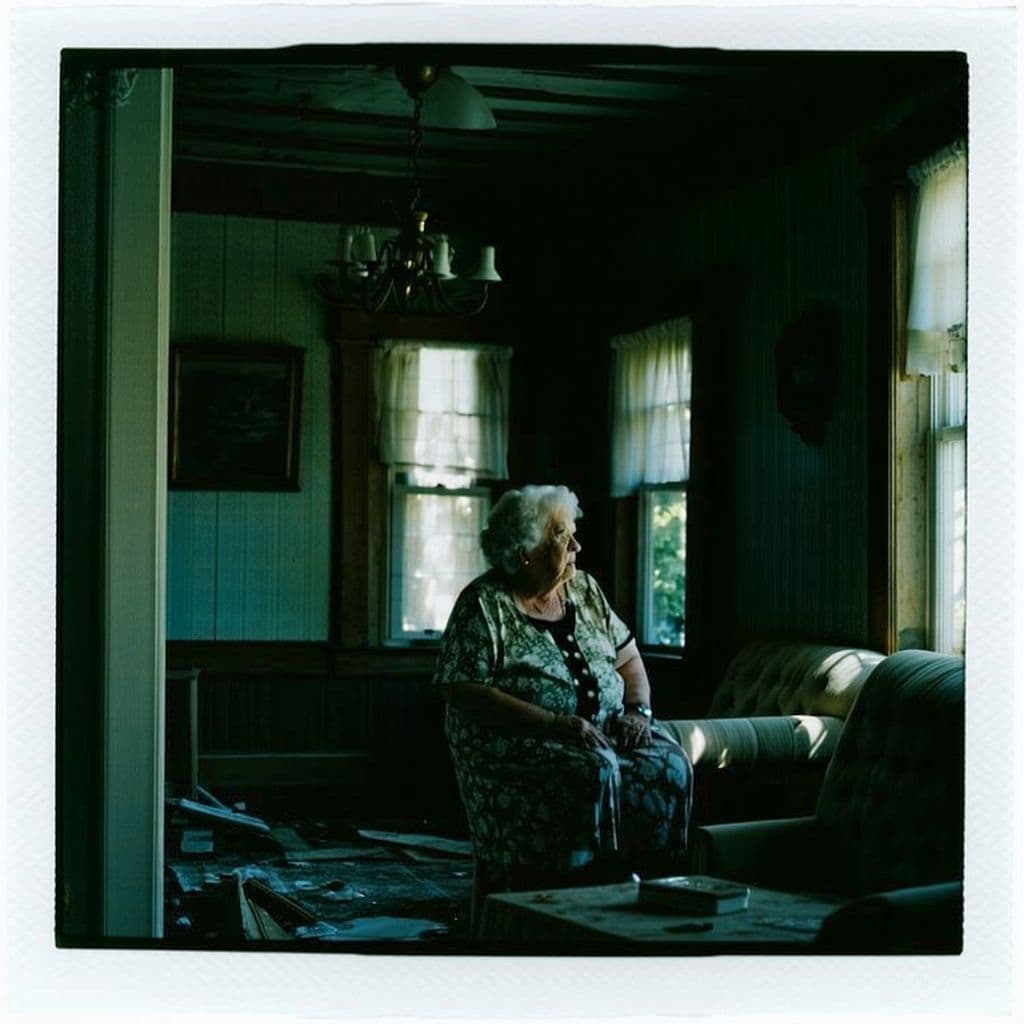 AI generated: slightly unnerving picture of grandma in abandoned house, 80s polaroid, fuzzy, dark