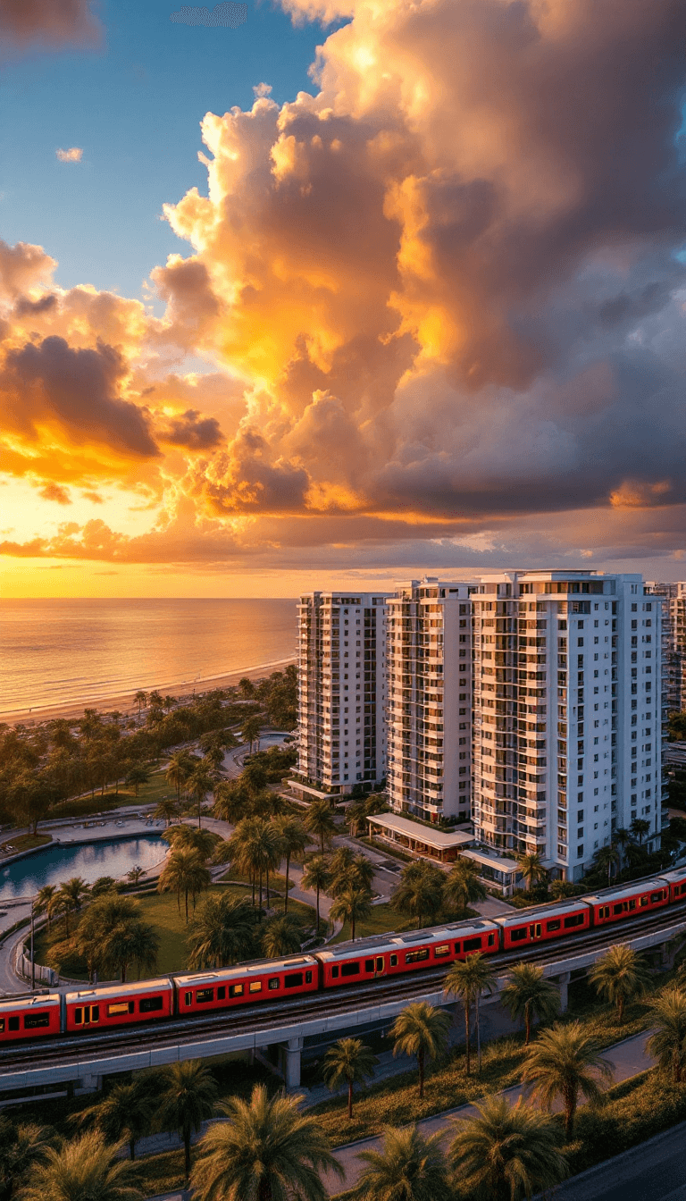 AI generated: A sunset panorama of a coastal residential development: contemporary white apartment buildings with ...