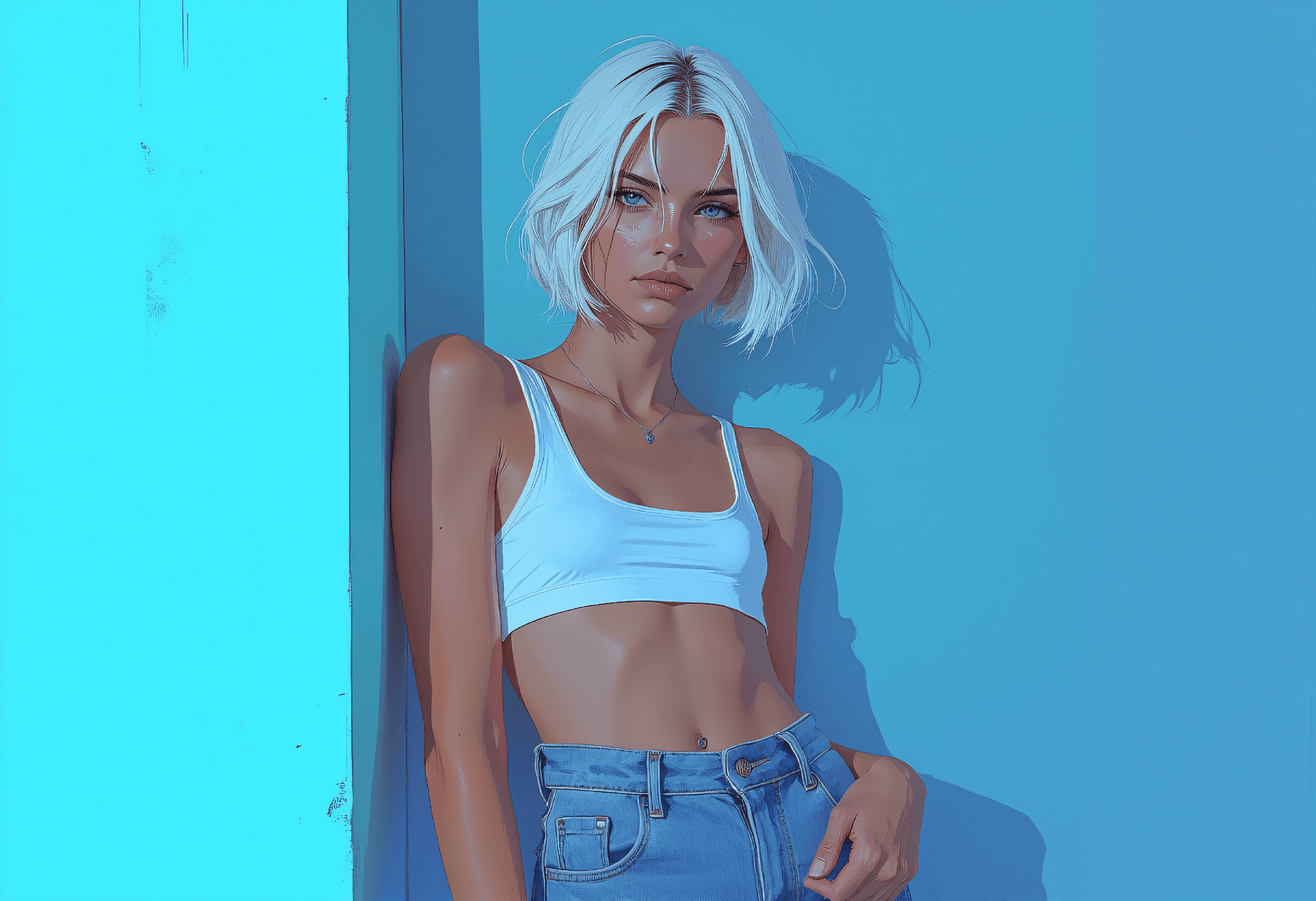 AI generated: semi-realistic fashion digital painting, in bright, airy aesthetic with the blue tones, of a 24 year...