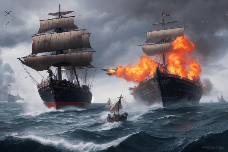 AI generated: masterpiece, incredibly detailed oil painting of two ships engaged in a great naval battle between b...