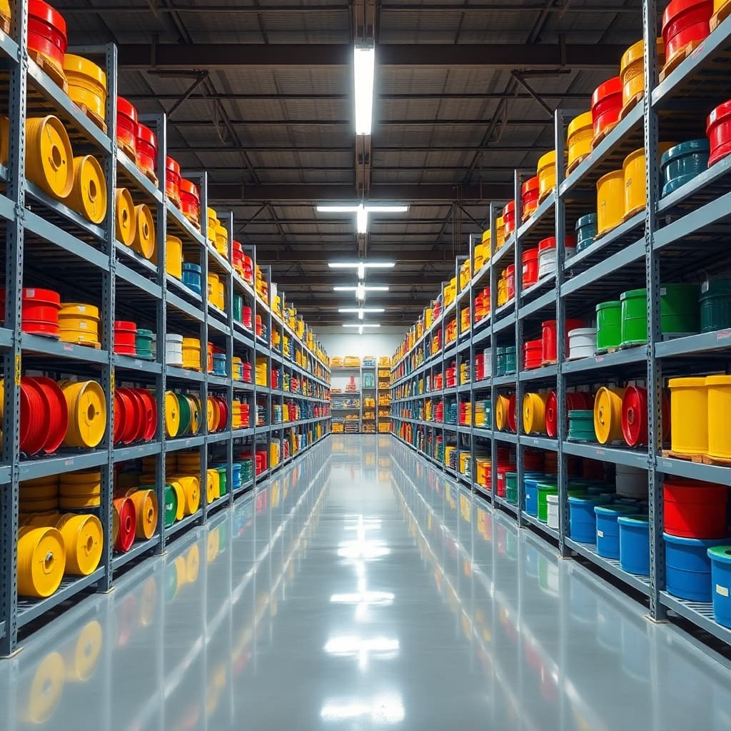 AI generated: A symmetrical view of an industrial storage facility with metal shelving, showcasing rows of colorfu...