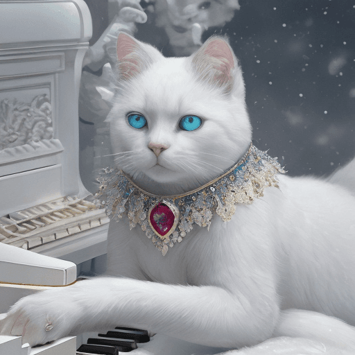 AI generated: Award winning, realistic detailed color photo of a white cat with blue ruby jewels, an exquisite fel...