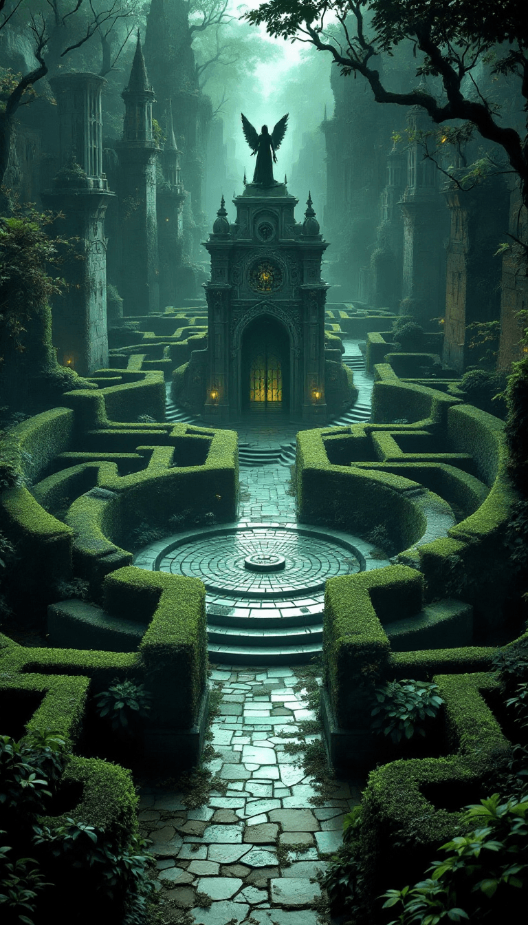 AI generated:  a mesmerizing labyrinth starting with a very beatiful model and having elements of 
towering hedges...