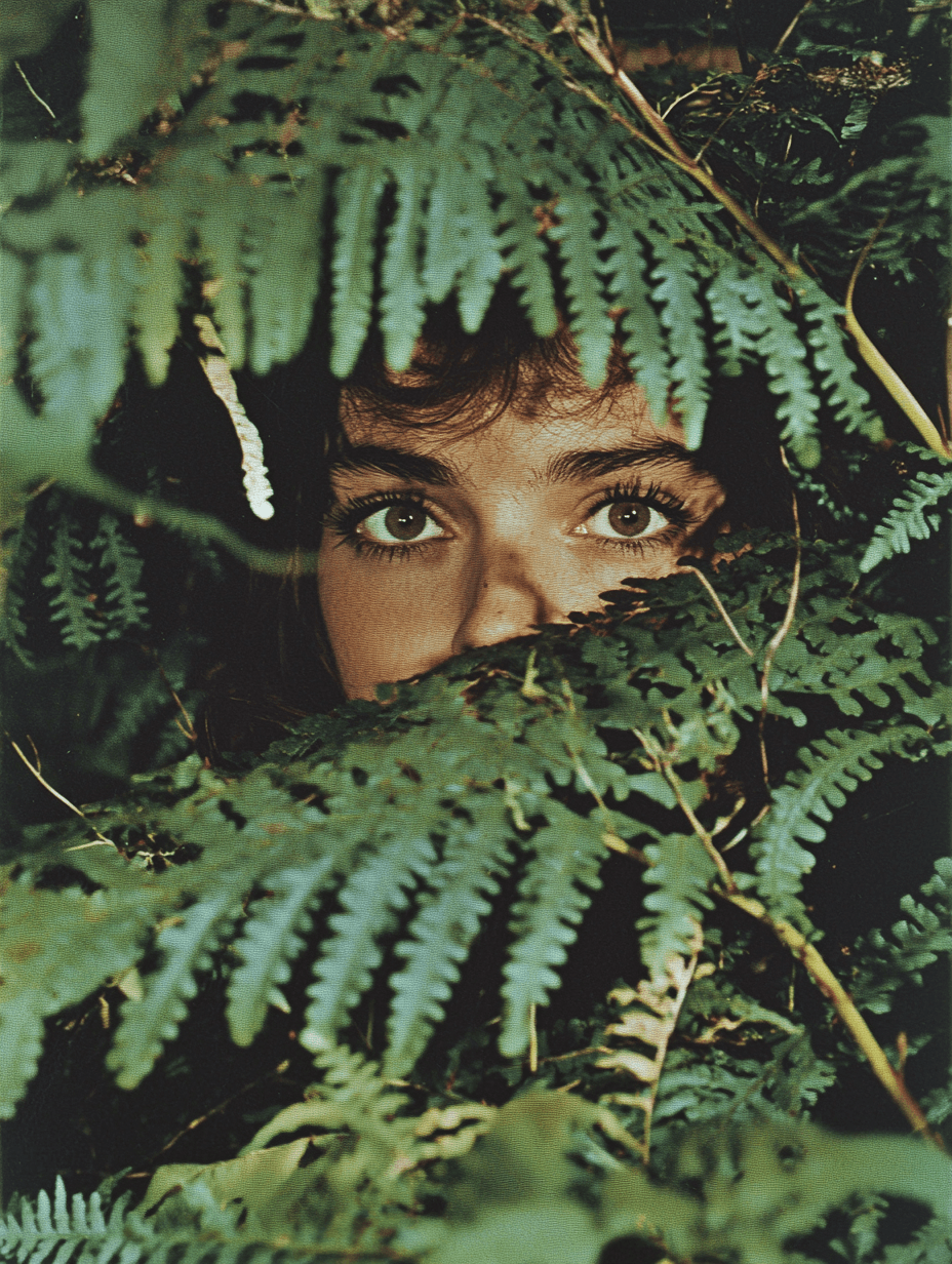 AI generated: woman hiding in dense ferns, green , 90's photo, --v 6.1 --style raw --ar 3:4 --q 2 --s 100