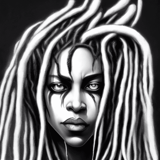 AI generated: a female with fake dreadlocks in black and white, in the style of fantasy-inspired art, hard edge pa...