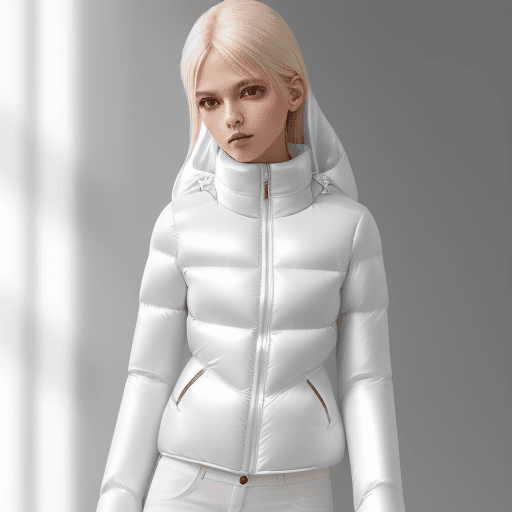 AI generated: girl model Ultra thin down jacket white Color O-silhouette cocoon slim fit or fitted lamé topstitchi...