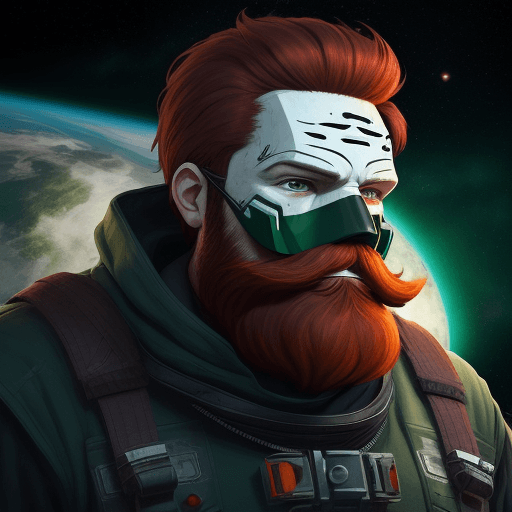 AI generated:  high quality foto of a big happy man, long dark red beard, dark looking white eyes, in space, cyper...