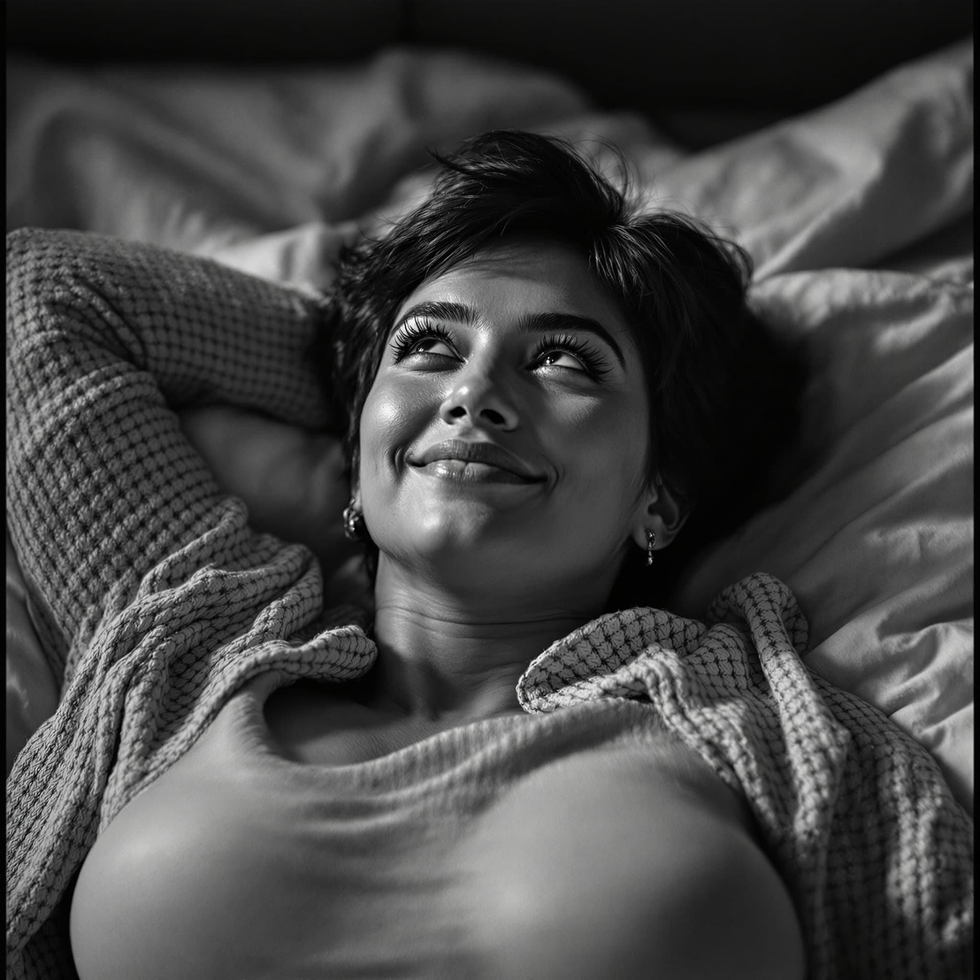 AI generated: Within this black and white image we see a young attractive latino woman laying on her back on a bed...