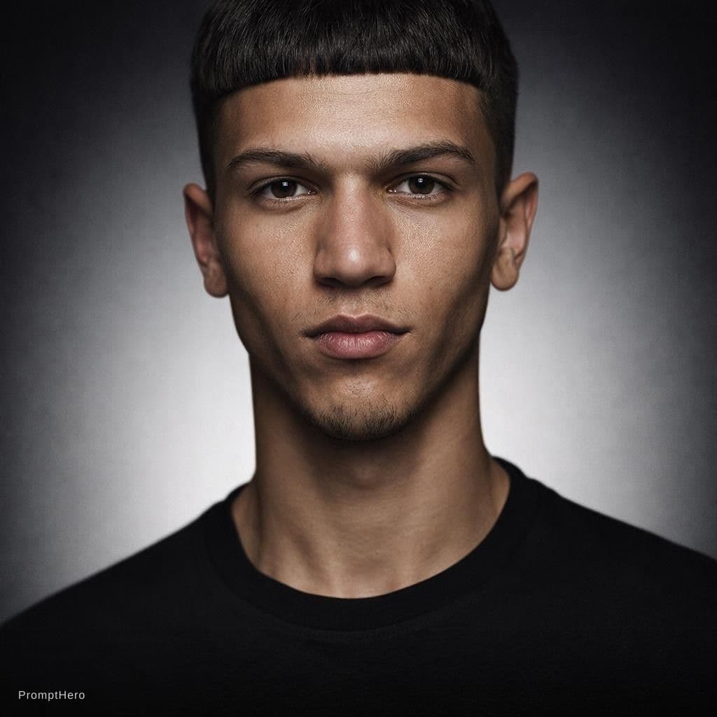 AI generated: editorial photography, front central composition, slavic young boy model, textured mushroom cut with...