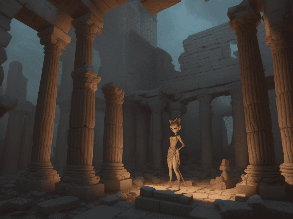 AI generated: Innovative and skilled animator in the ancient ruins, bringing characters to life, 3d, dramatic ligh...