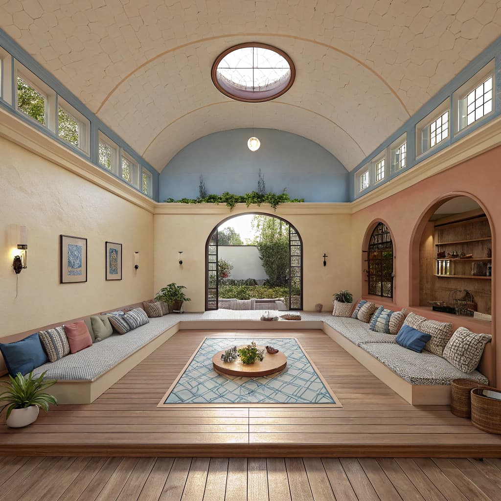 AI generated: High resolution photography interior design, dreamy sunken living room conversation pit, wooden floo...
