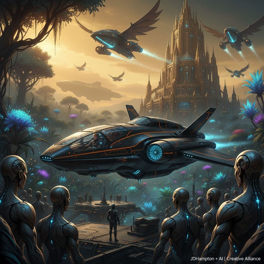 AI generated: Futuristic epic adventure, highly advanced Tartaria building in the background with 1mythological an...