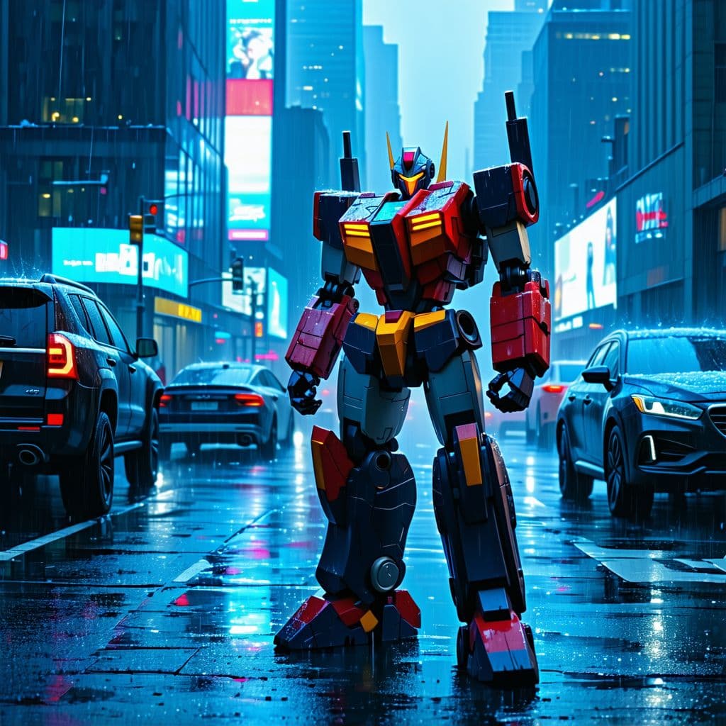 AI generated: The Age of Voltron, Voltron standing in the rain on an empty NYC street. cyberpunk art, inspired by ...