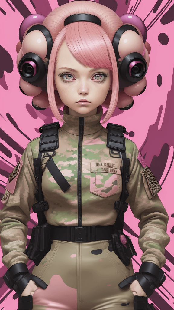 AI generated: in a funky background portrait of little mushroom woman, pink hair, wearing army attire, Prominent e...