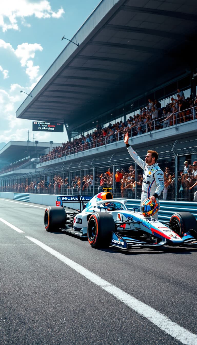 AI generated: Summer. On the race track there is a racing car with the logos of its club on the sides. A racing dr...